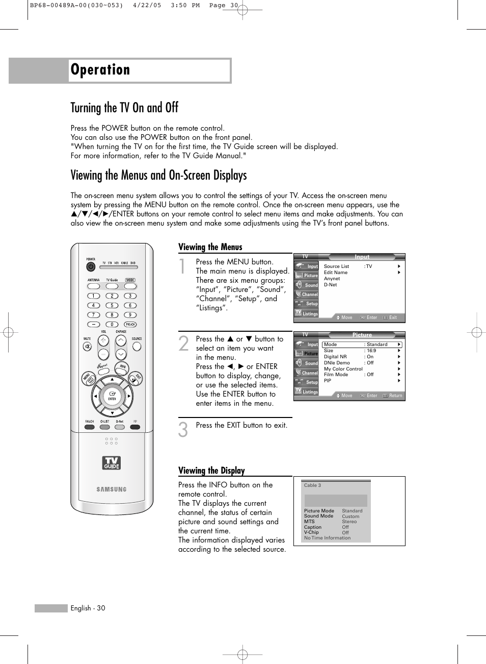 Turning the tv on and off, Viewing the menus and on-screen displays, Operation | Viewing the menus, Viewing the display | Samsung HL-R5688W User Manual | Page 30 / 144