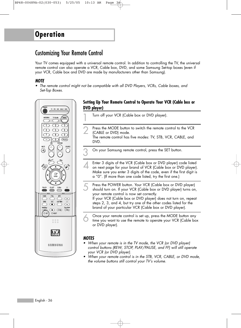 Customizing your remote control, Operation | Samsung HL-R5688W User Manual | Page 36 / 144