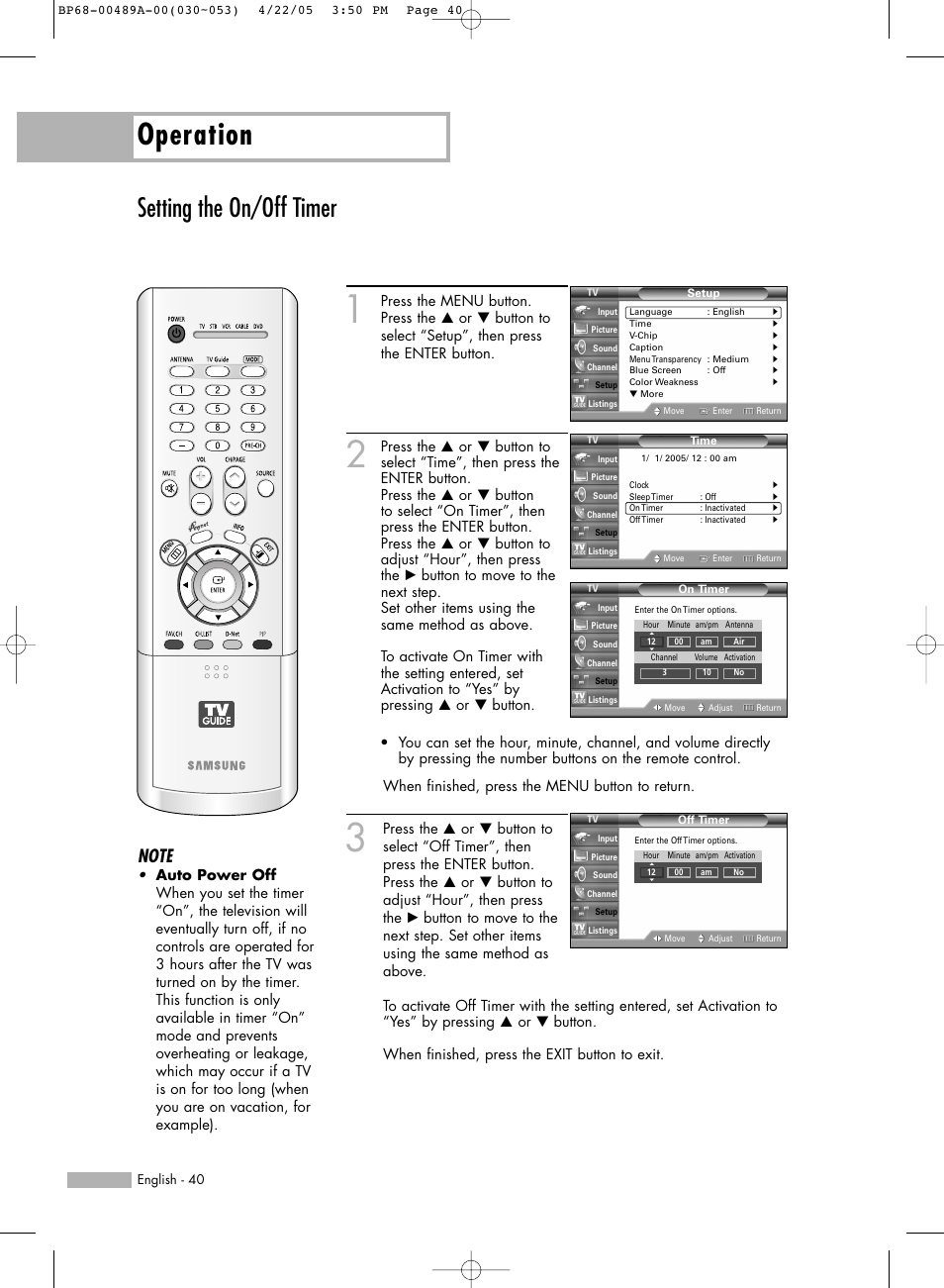 Setting the on/off timer, Operation | Samsung HL-R5688W User Manual | Page 40 / 144