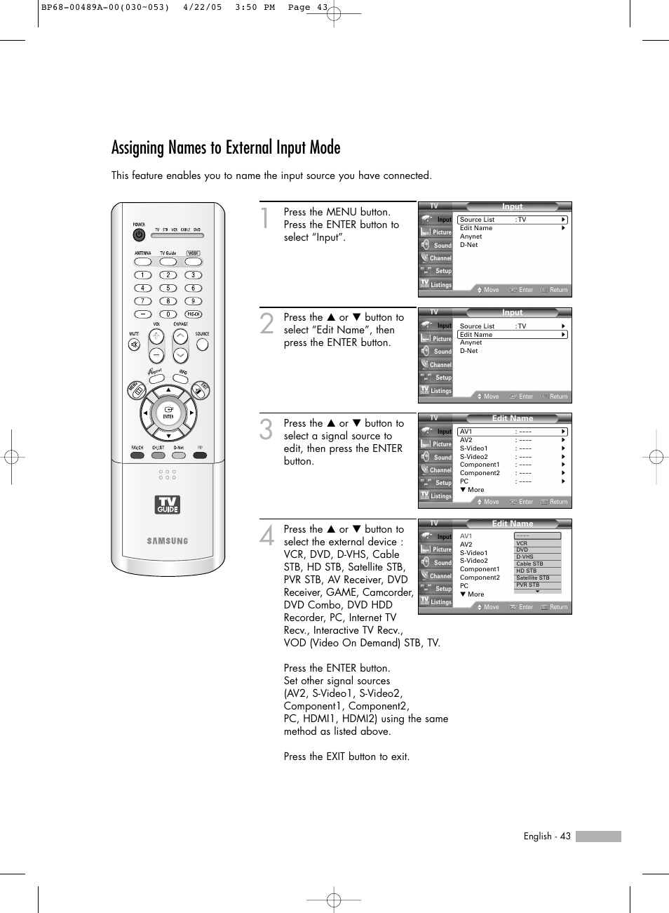 Assigning names to external input mode | Samsung HL-R5688W User Manual | Page 43 / 144