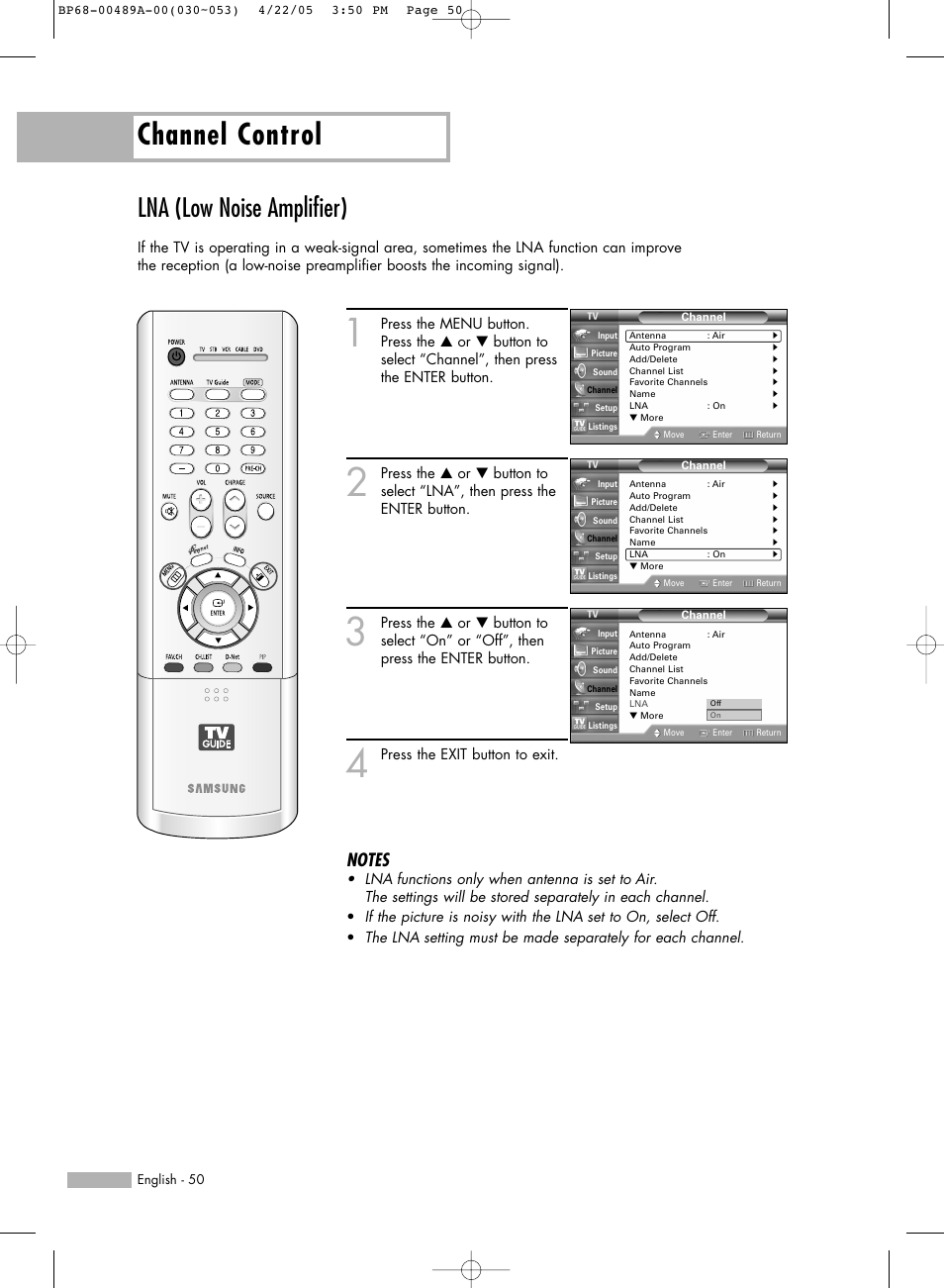 Lna(low noise amplifier), Channel control, Lna (low noise amplifier) | Samsung HL-R5688W User Manual | Page 50 / 144