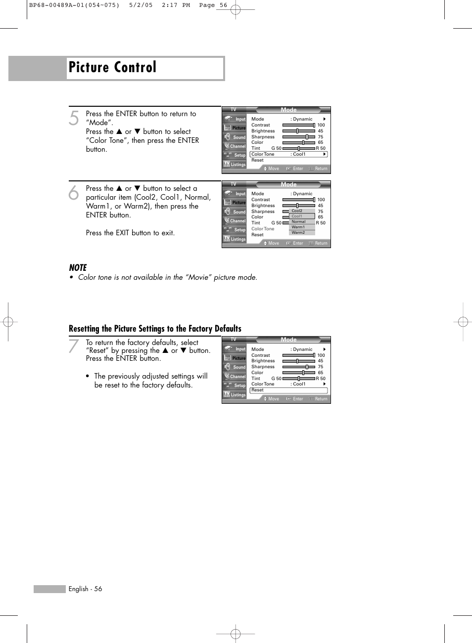 Picture control | Samsung HL-R5688W User Manual | Page 56 / 144