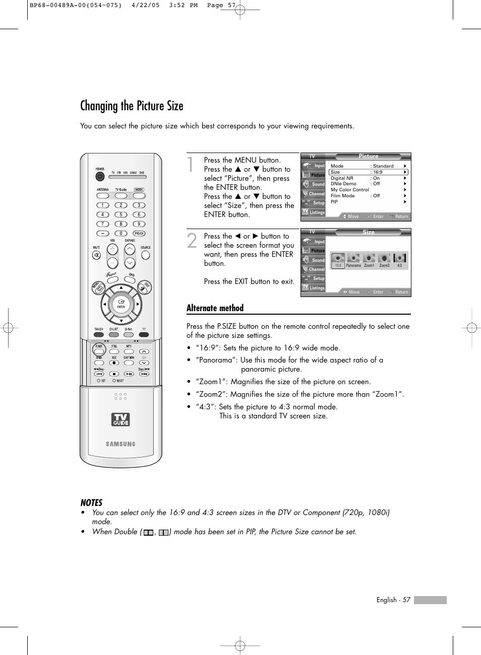 Changing the picture size, Alternate method | Samsung HL-R5688W User Manual | Page 57 / 144