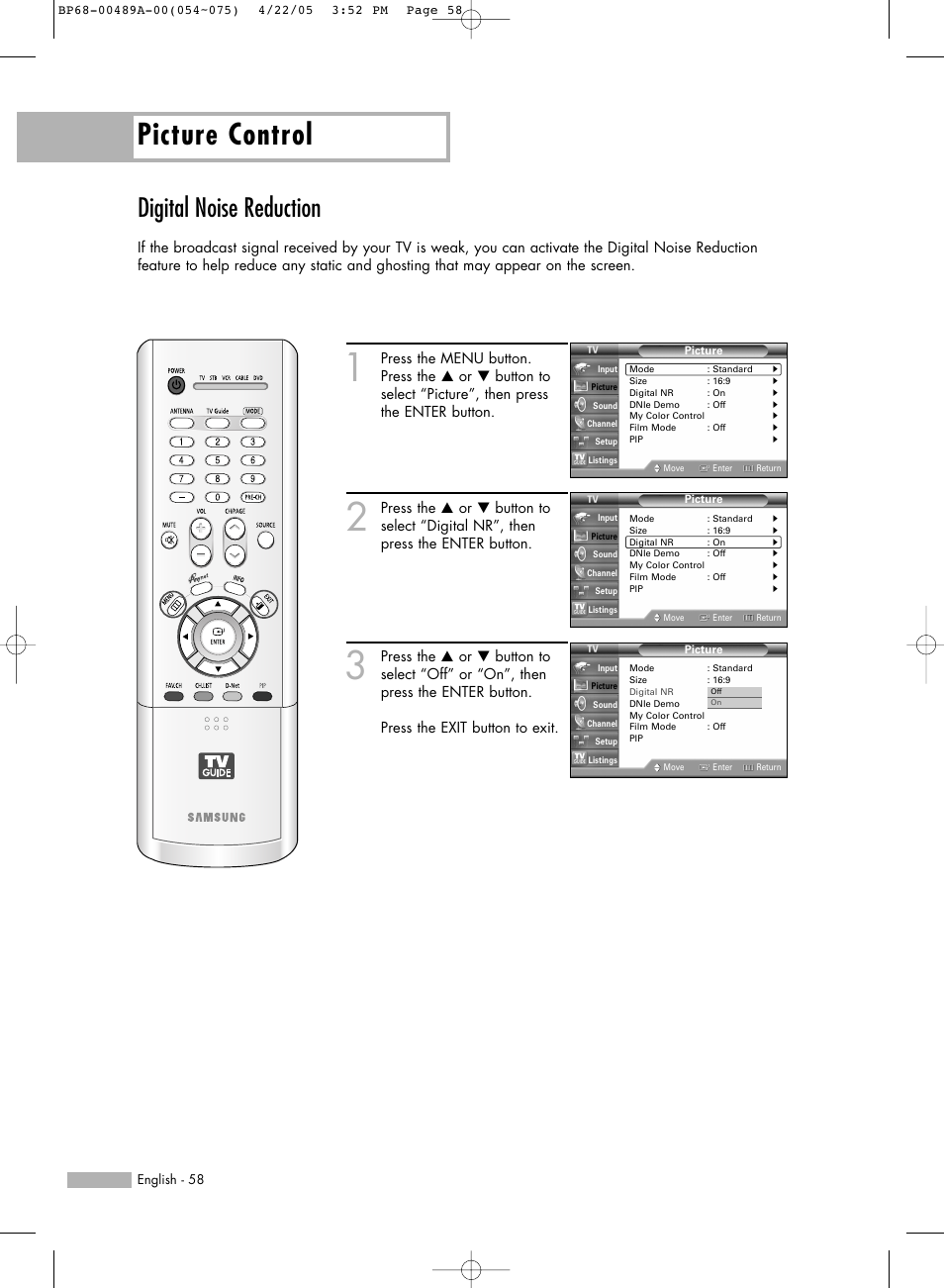 Digital noise reduction, Picture control | Samsung HL-R5688W User Manual | Page 58 / 144