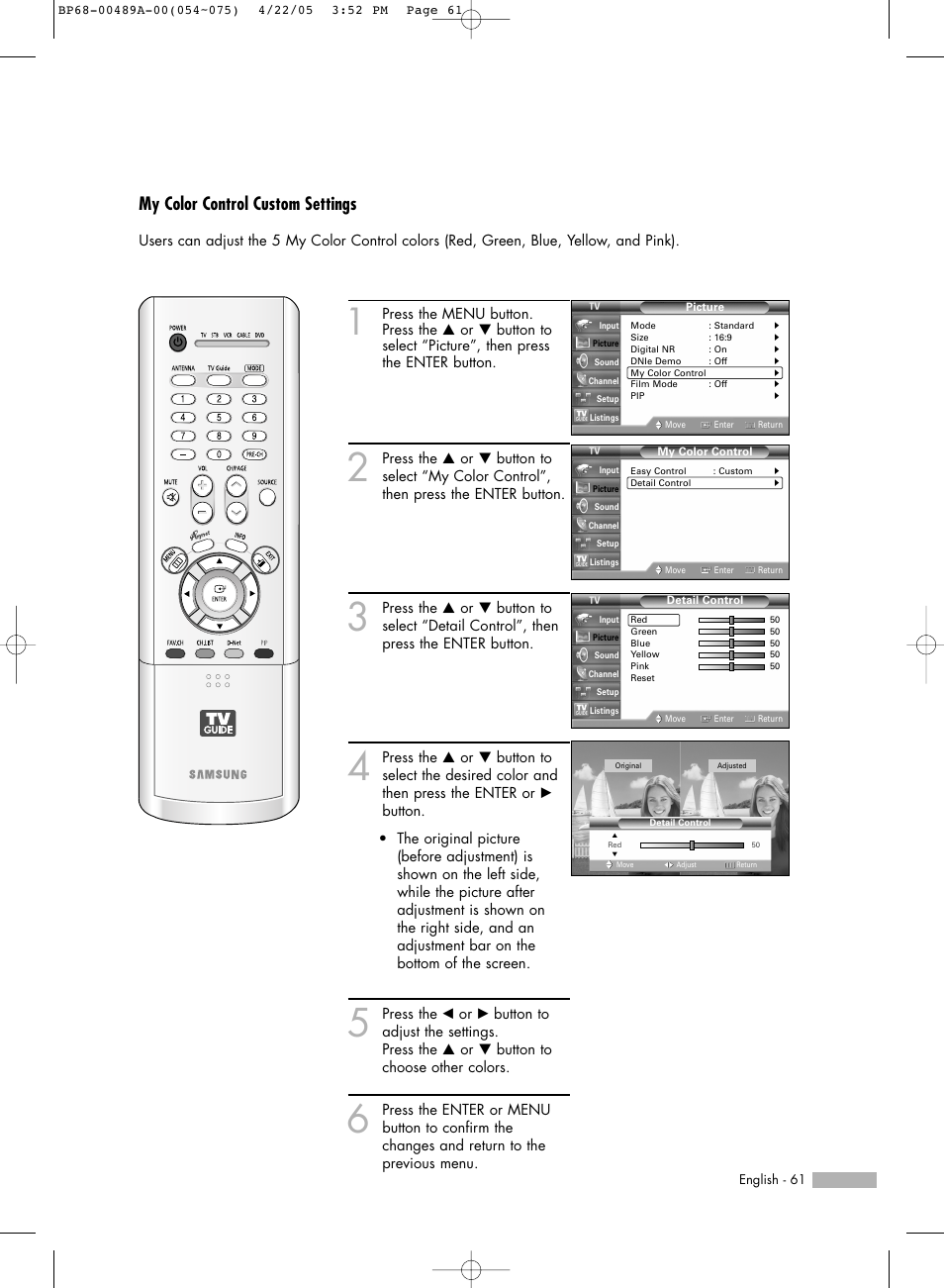 My color control custom settings | Samsung HL-R5688W User Manual | Page 61 / 144