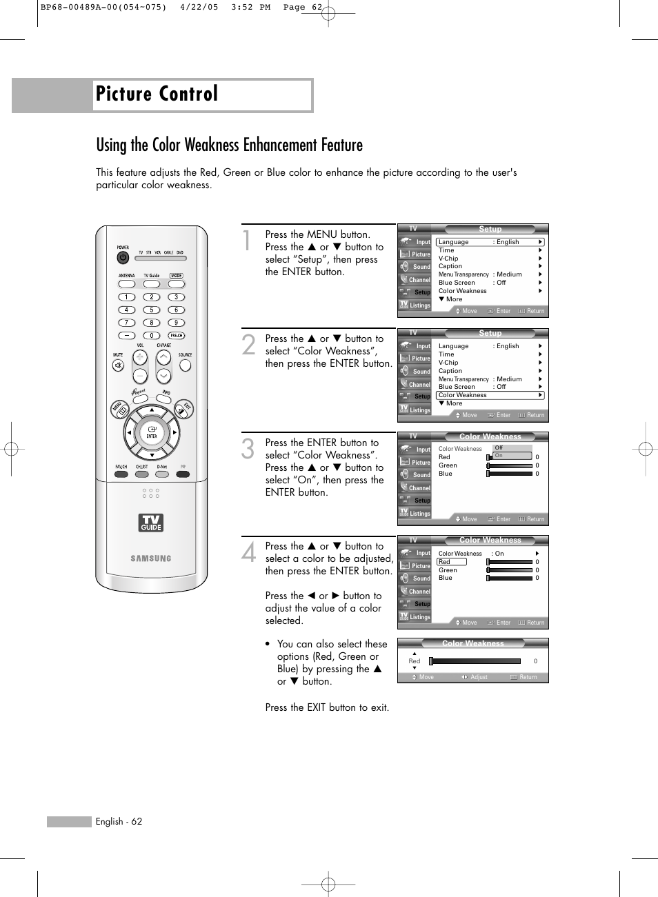 Using the color weakness enhancement feature, Picture control | Samsung HL-R5688W User Manual | Page 62 / 144