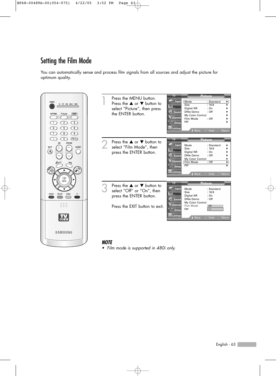 Setting the film mode | Samsung HL-R5688W User Manual | Page 63 / 144