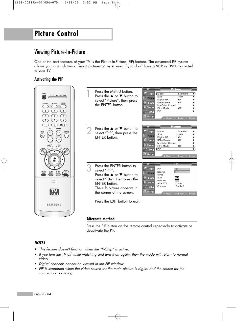 Viewing picture-in-picture, Picture control, Activating the pip | Alternate method | Samsung HL-R5688W User Manual | Page 64 / 144