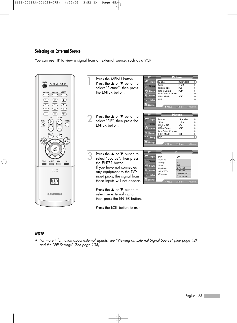 Selecting an external source | Samsung HL-R5688W User Manual | Page 65 / 144