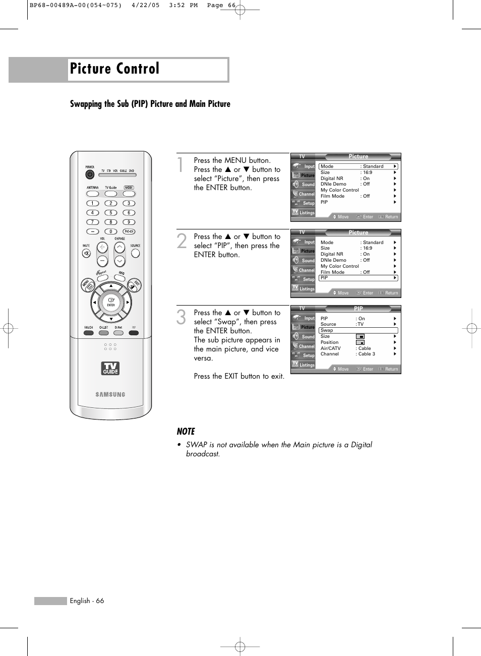 Picture control, Swapping the sub (pip) picture and main picture | Samsung HL-R5688W User Manual | Page 66 / 144