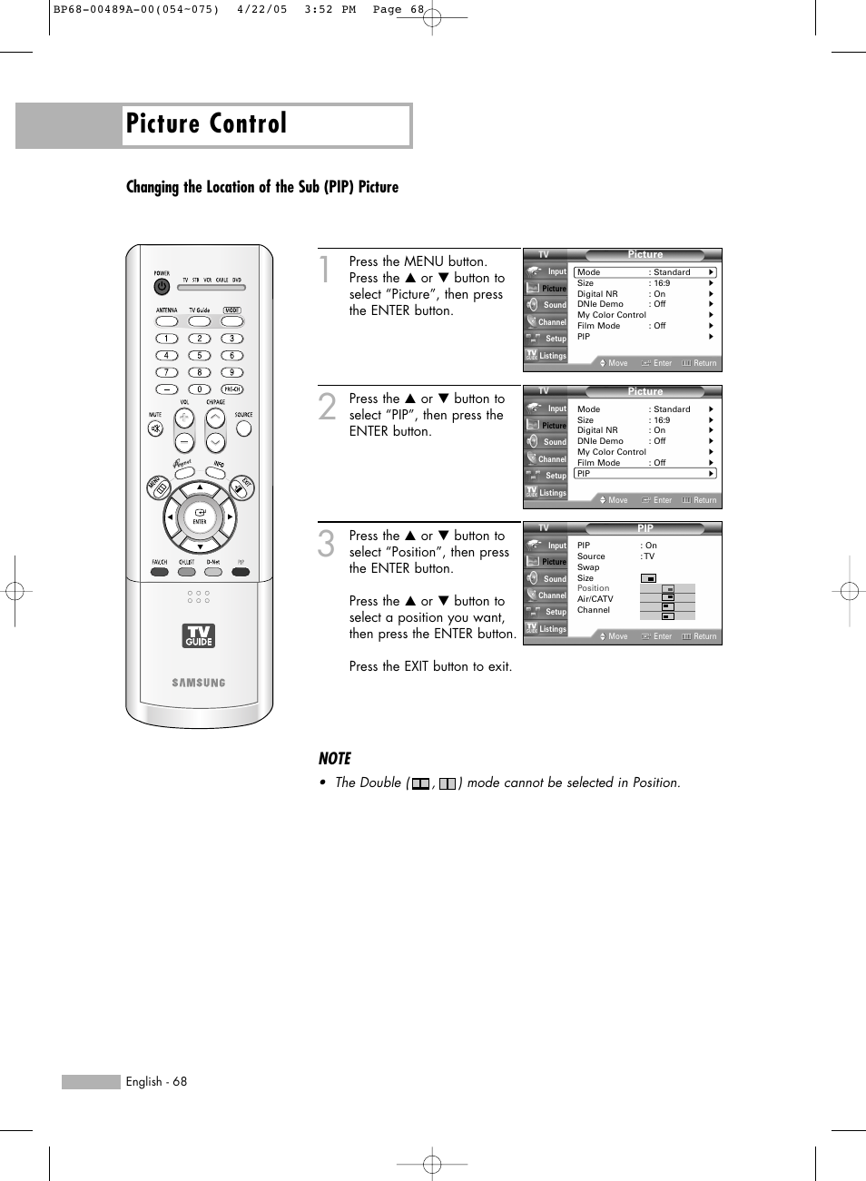 Picture control, Changing the location of the sub (pip) picture | Samsung HL-R5688W User Manual | Page 68 / 144