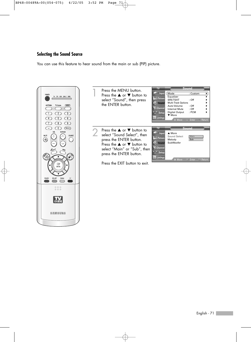 Selecting the sound source | Samsung HL-R5688W User Manual | Page 71 / 144