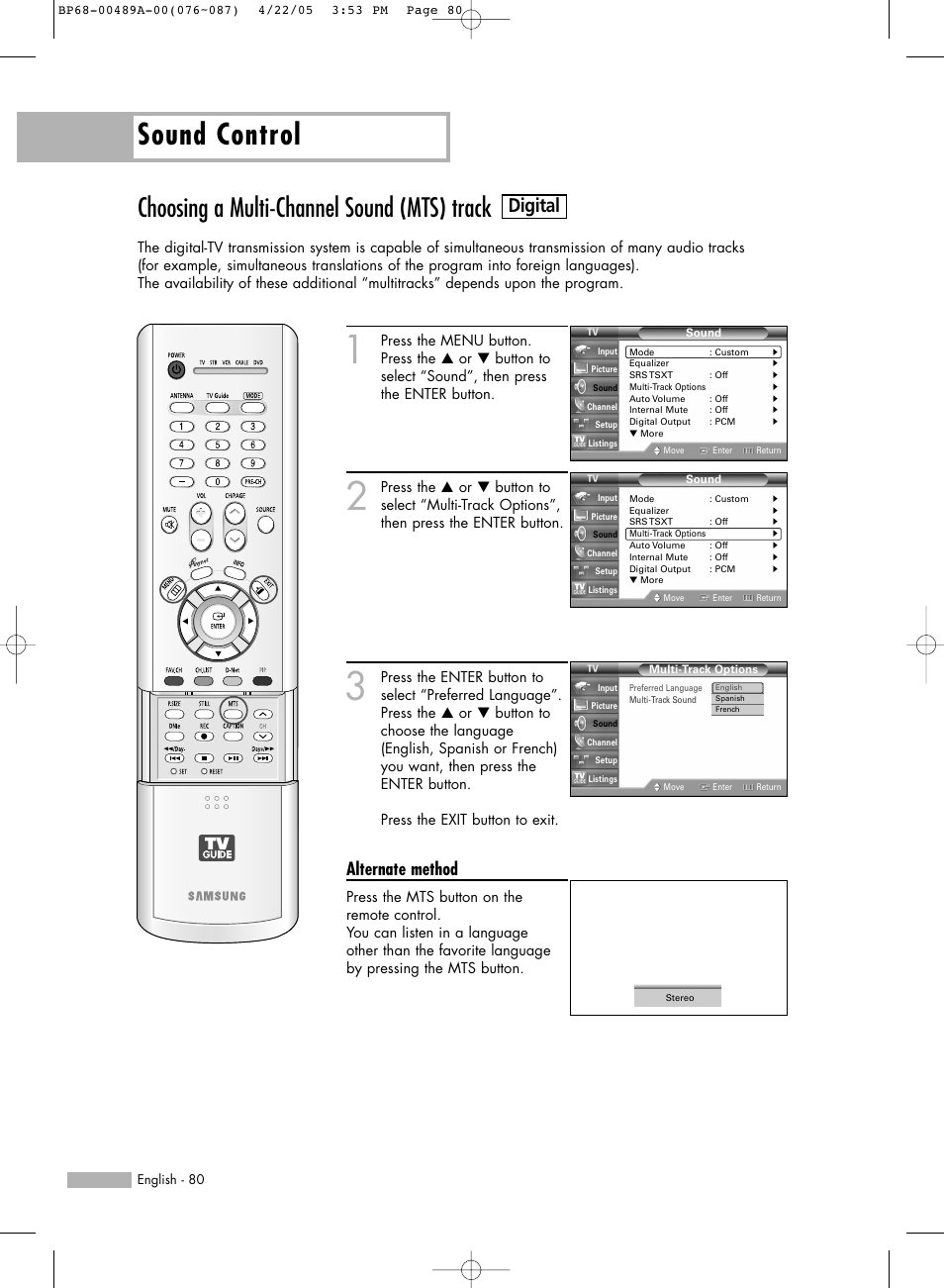 Choosing a multi-channel sound(mts) track, Sound control, Choosing a multi-channel sound (mts) track | Digital, Alternate method | Samsung HL-R5688W User Manual | Page 80 / 144