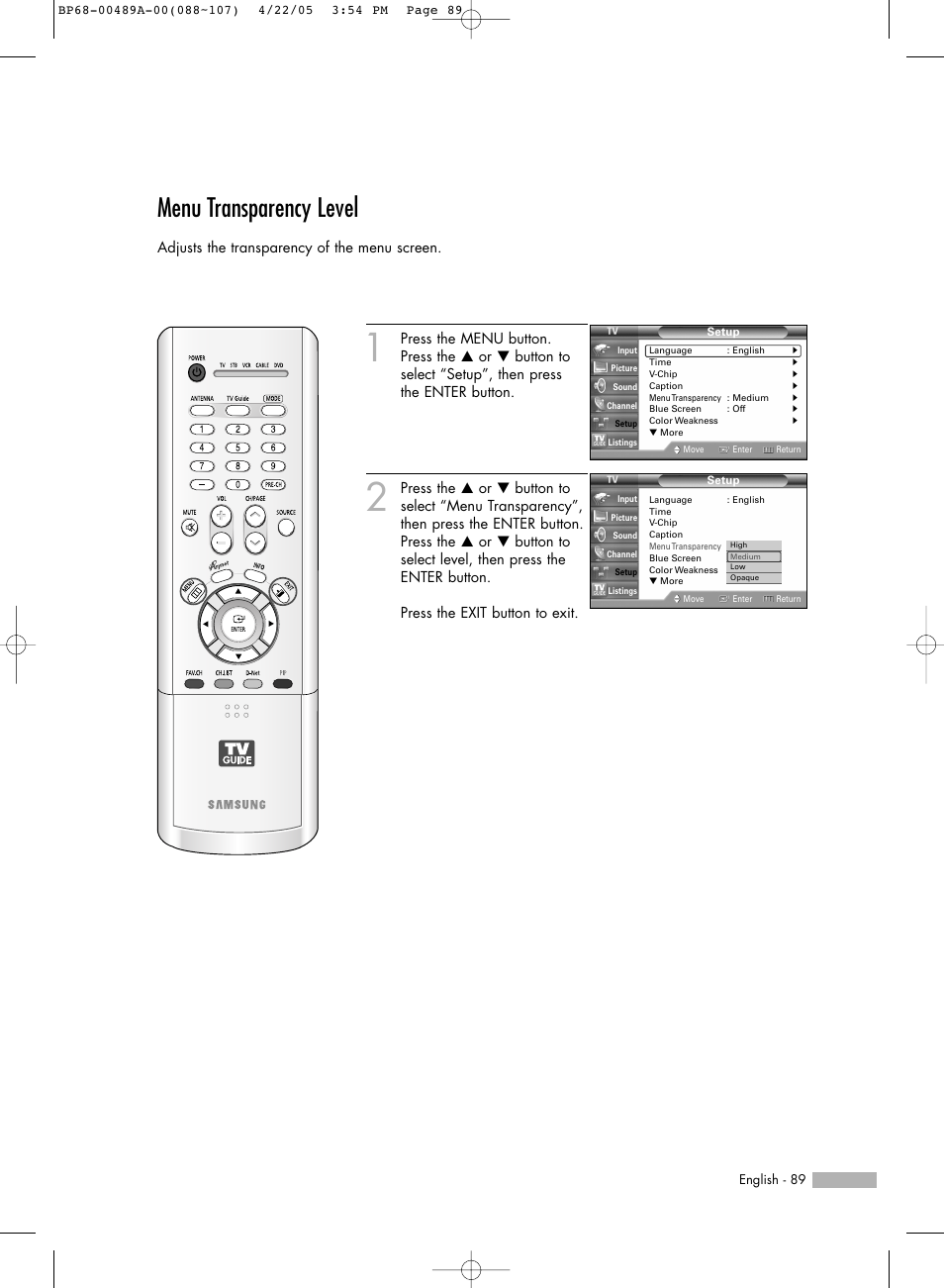 Menu transparency level | Samsung HL-R5688W User Manual | Page 89 / 144