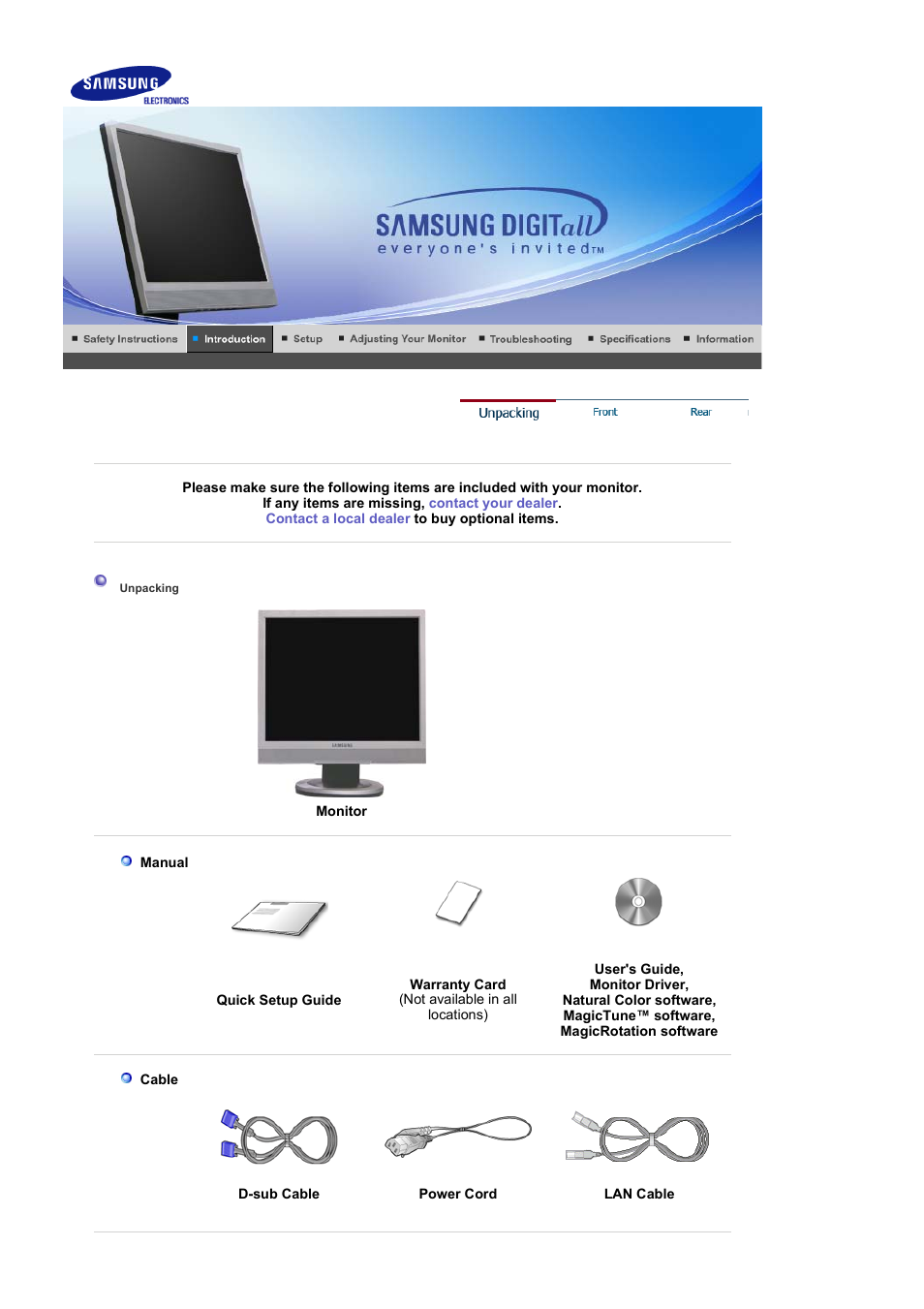 Introduction, Unpacking | Samsung SYNCMASTER 710NT User Manual | Page 10 / 102