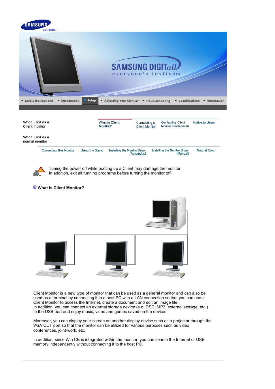 Setup, When used as a client monitor, What is client monitor | Samsung SYNCMASTER 710NT User Manual | Page 14 / 102