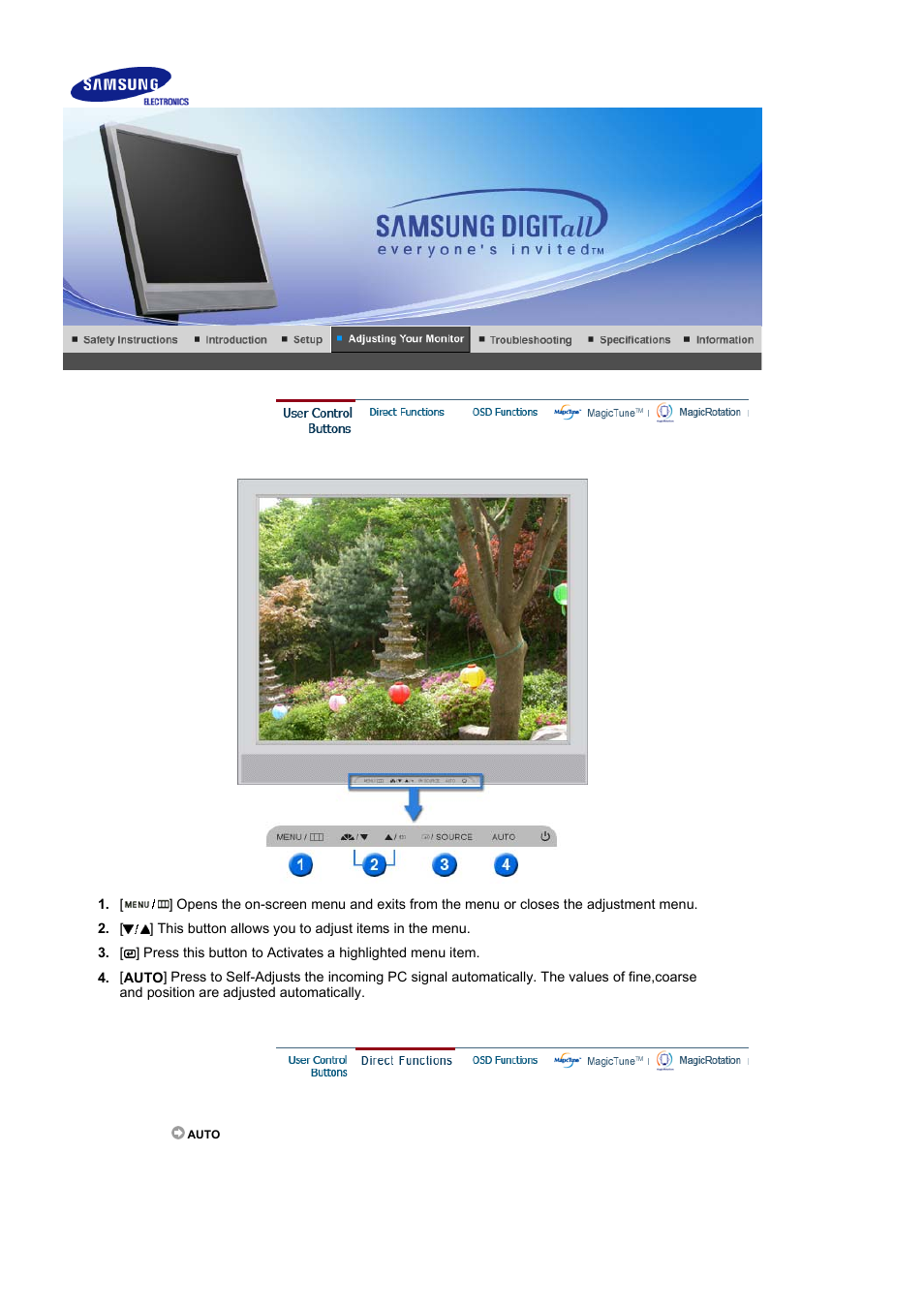 Adjusting your monitor, User control buttons, Direct functions | Samsung SYNCMASTER 710NT User Manual | Page 48 / 102