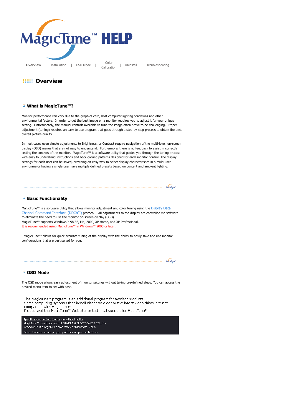 Magictune, Overview, What is magictune | Basic functionality, Osd mode | Samsung SYNCMASTER 710NT User Manual | Page 59 / 102