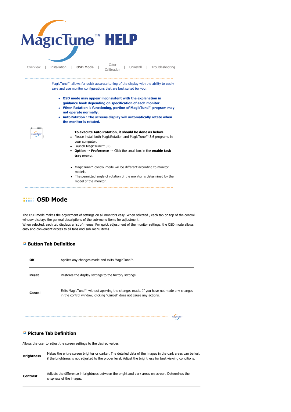 Osd mode, Button tab definition, Picture tab definition | Samsung SYNCMASTER 710NT User Manual | Page 64 / 102