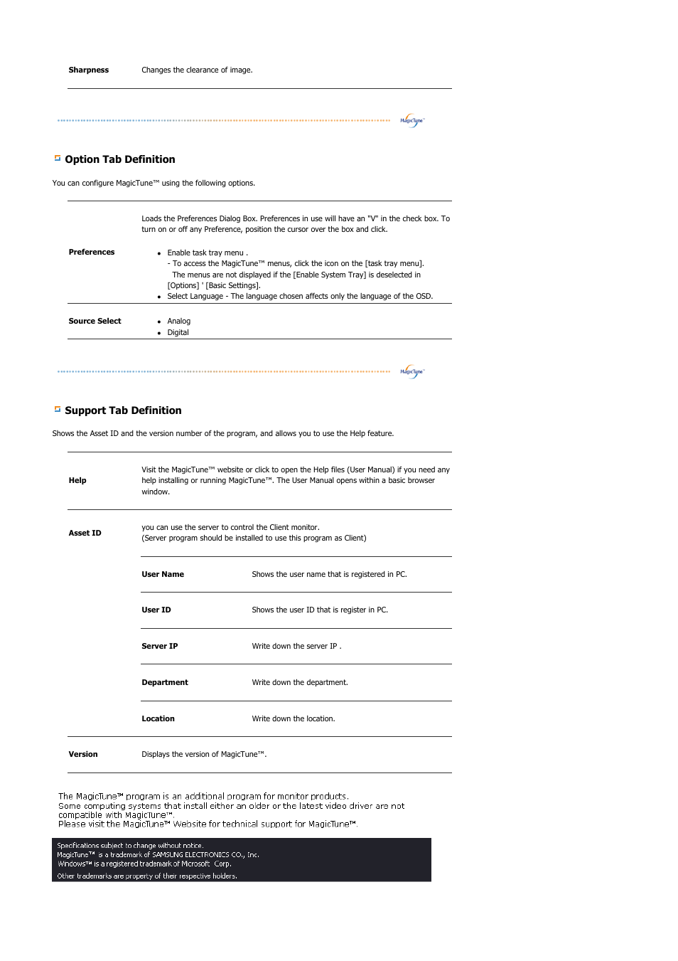 Option tab definition, Support tab definition | Samsung SYNCMASTER 710NT User Manual | Page 67 / 102