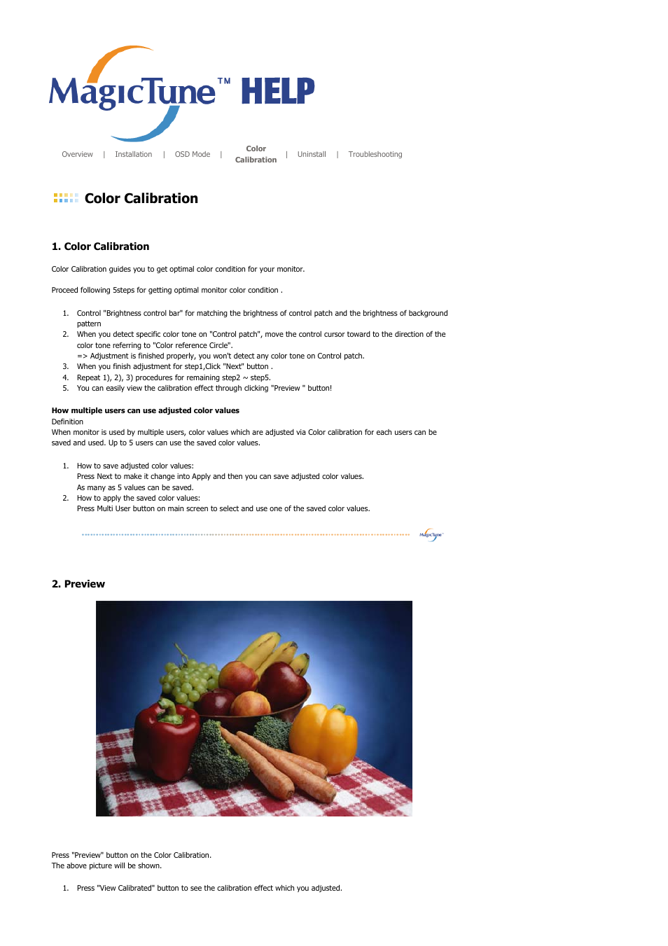 Color calibration, Preview | Samsung SYNCMASTER 710NT User Manual | Page 68 / 102