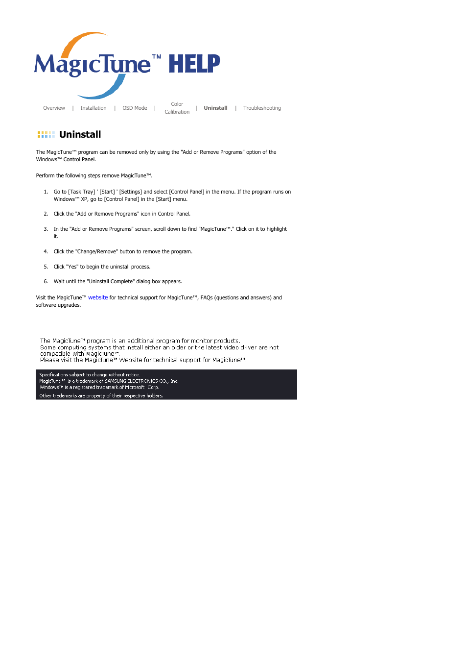 Uninstall | Samsung SYNCMASTER 710NT User Manual | Page 70 / 102