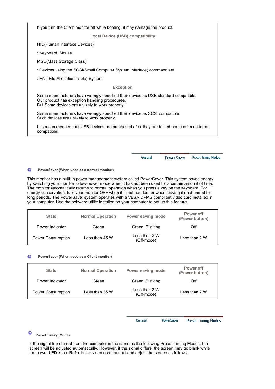 Powersaver, Preset timing modes | Samsung SYNCMASTER 710NT User Manual | Page 94 / 102