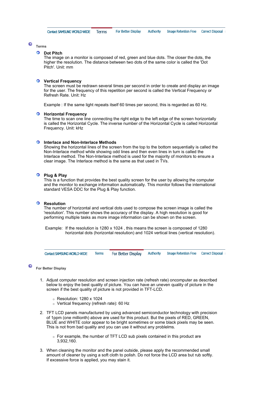 Terms, For better display | Samsung SYNCMASTER 710NT User Manual | Page 98 / 102
