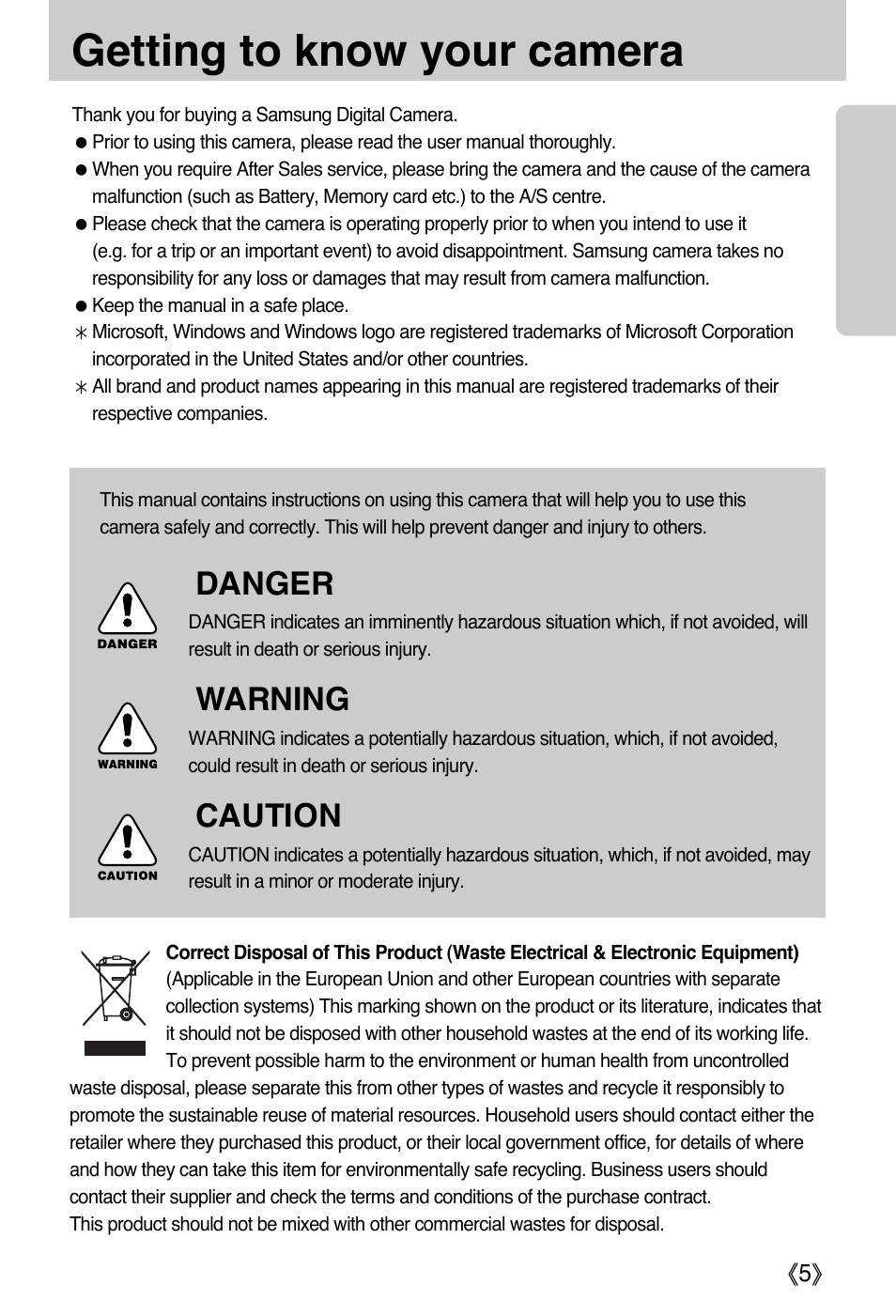 Getting to know your camera, Danger, Warning | Caution | Samsung Digimax L50 User Manual | Page 5 / 132