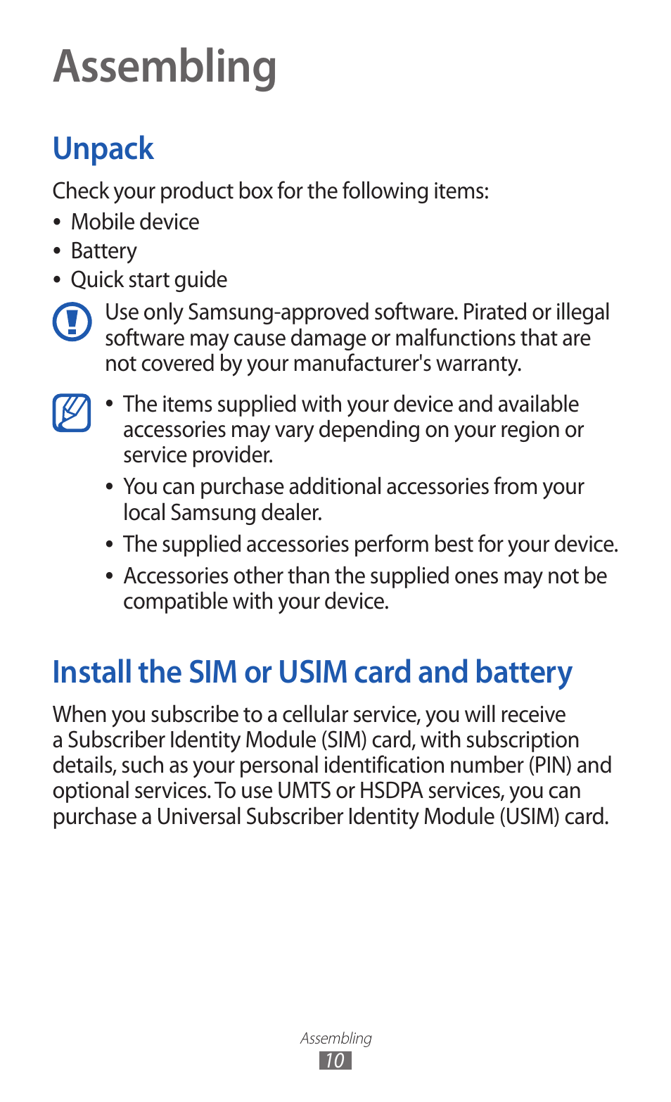 Assembling, Unpack, Install the sim or usim card and battery | Unpack install the sim or usim card and battery | Samsung GALAXY GT-S5690 User Manual | Page 10 / 143