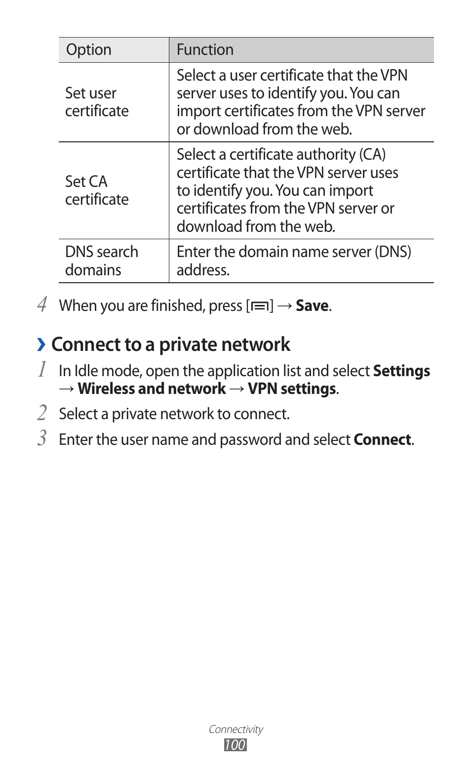 Connect to a private network | Samsung GALAXY GT-S5690 User Manual | Page 100 / 143