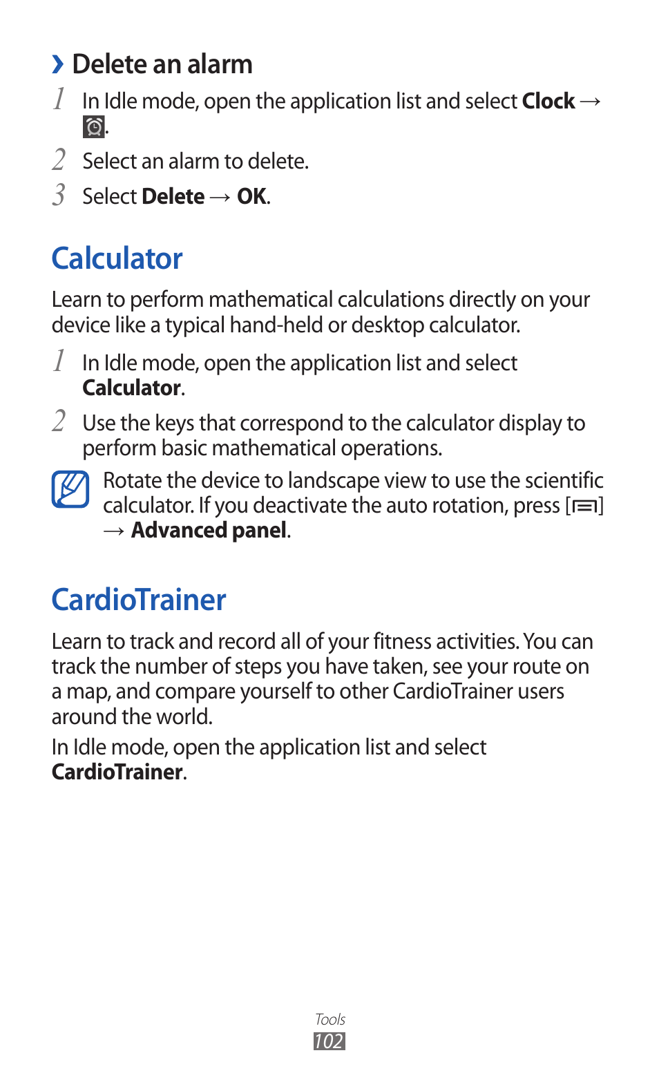 Calculator, Cardiotrainer, Calculator cardiotrainer | Delete an alarm | Samsung GALAXY GT-S5690 User Manual | Page 102 / 143