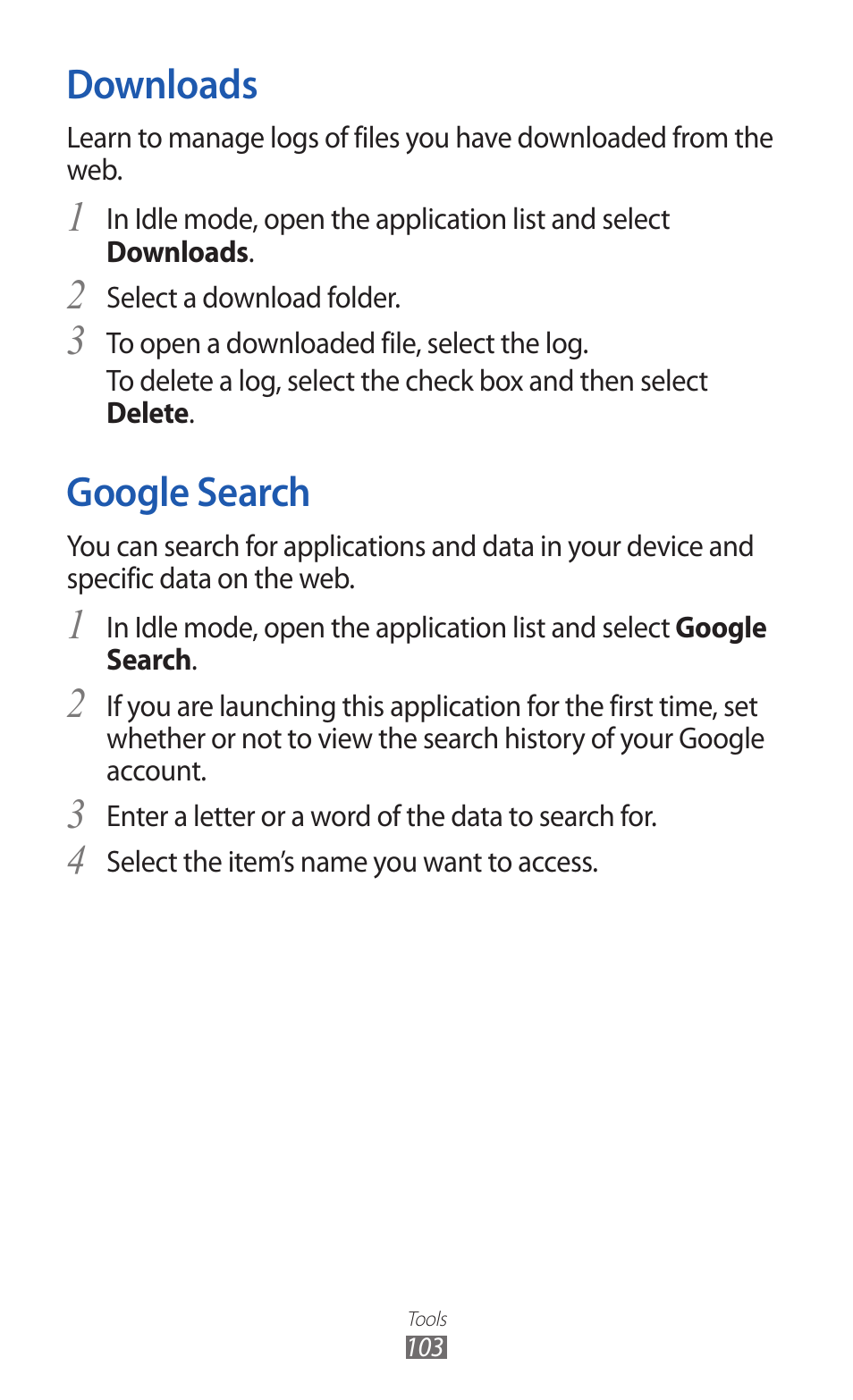 Downloads, Google search, Downloads google search | Samsung GALAXY GT-S5690 User Manual | Page 103 / 143