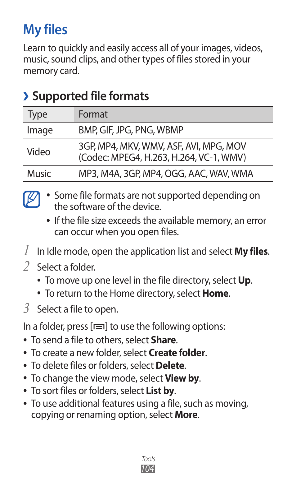 My files, Supported file formats | Samsung GALAXY GT-S5690 User Manual | Page 104 / 143