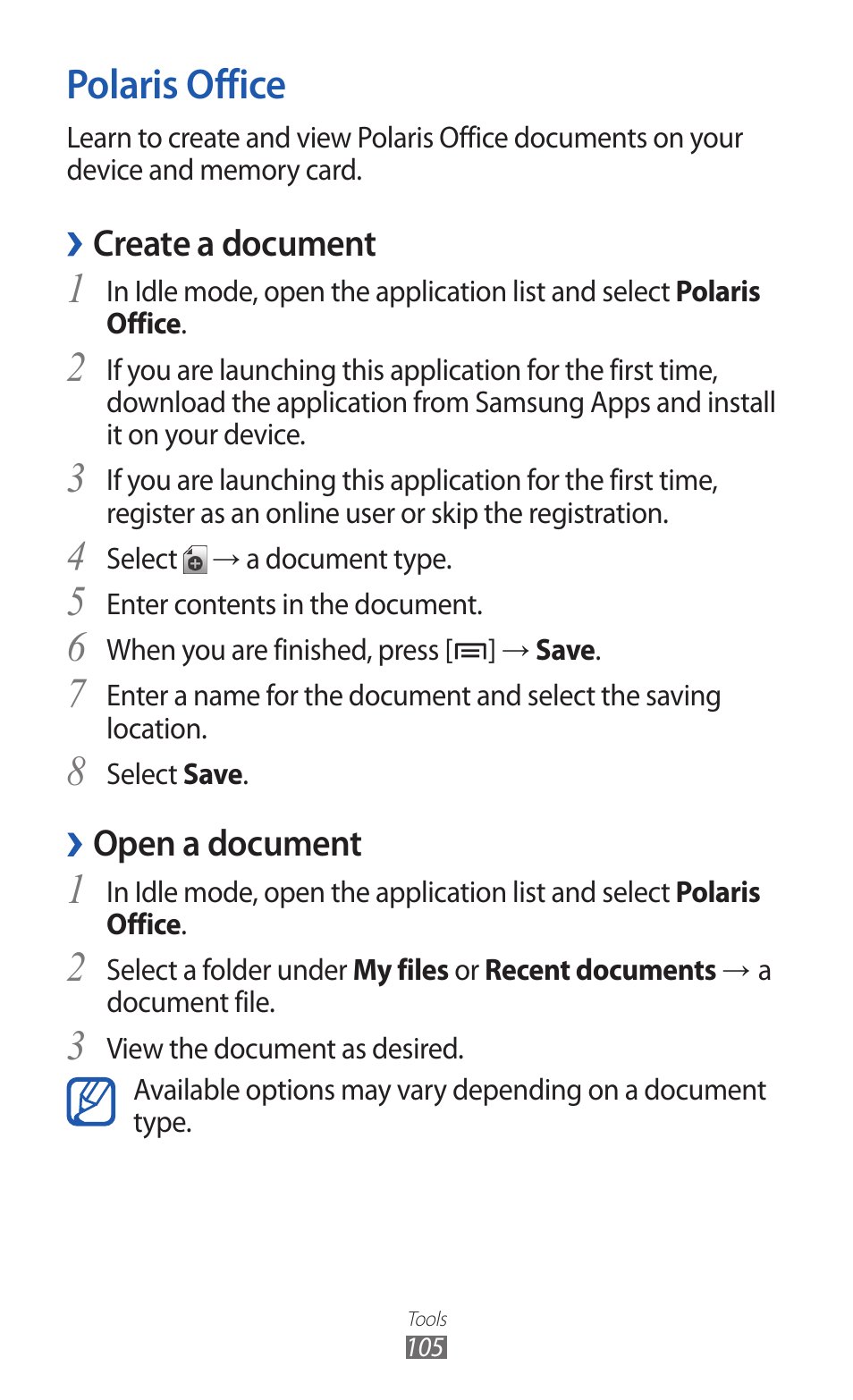 Polaris office, Create a document, Open a document | Samsung GALAXY GT-S5690 User Manual | Page 105 / 143