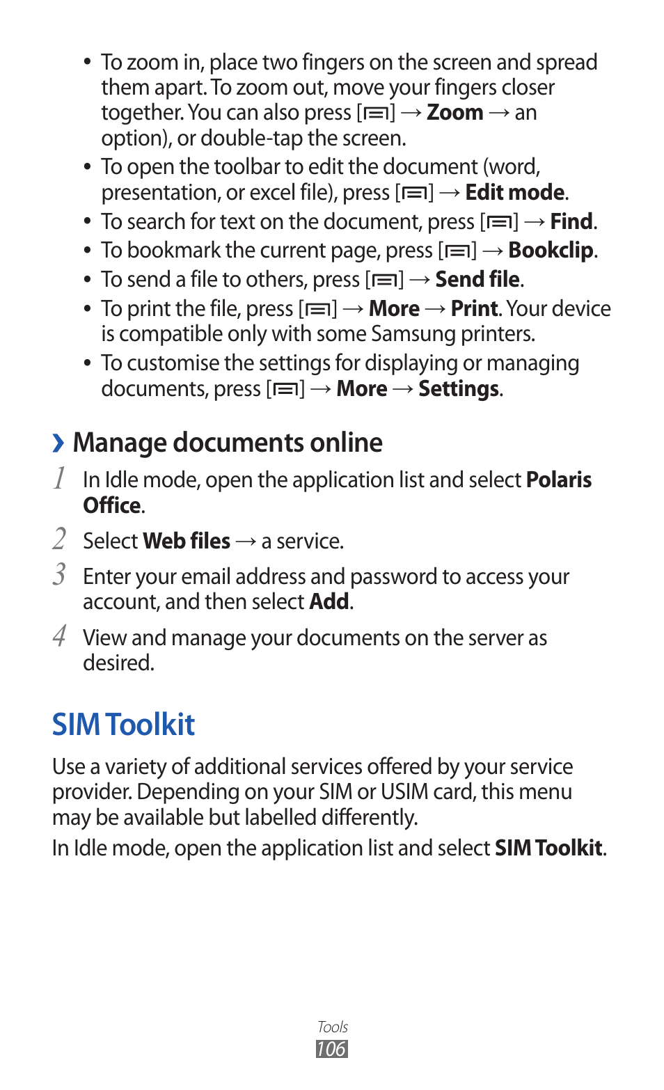 Sim toolkit, Manage documents online | Samsung GALAXY GT-S5690 User Manual | Page 106 / 143