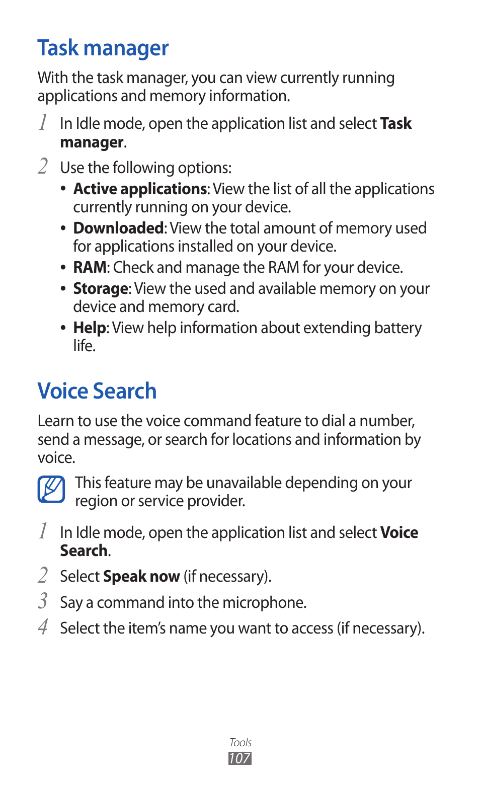 Task manager, Voice search, Task manager voice search | Samsung GALAXY GT-S5690 User Manual | Page 107 / 143