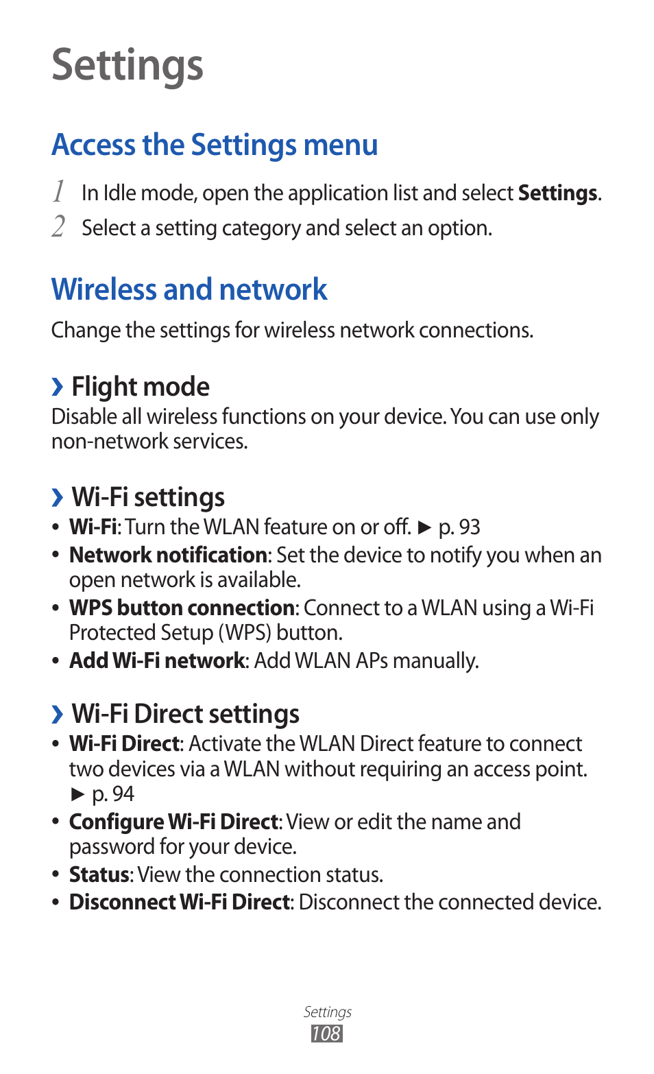 Settings, Access the settings menu, Wireless and network | Access the settings menu wireless and network, 2wireless and network, Flight mode, Wi-fi settings, Wi-fi direct settings | Samsung GALAXY GT-S5690 User Manual | Page 108 / 143