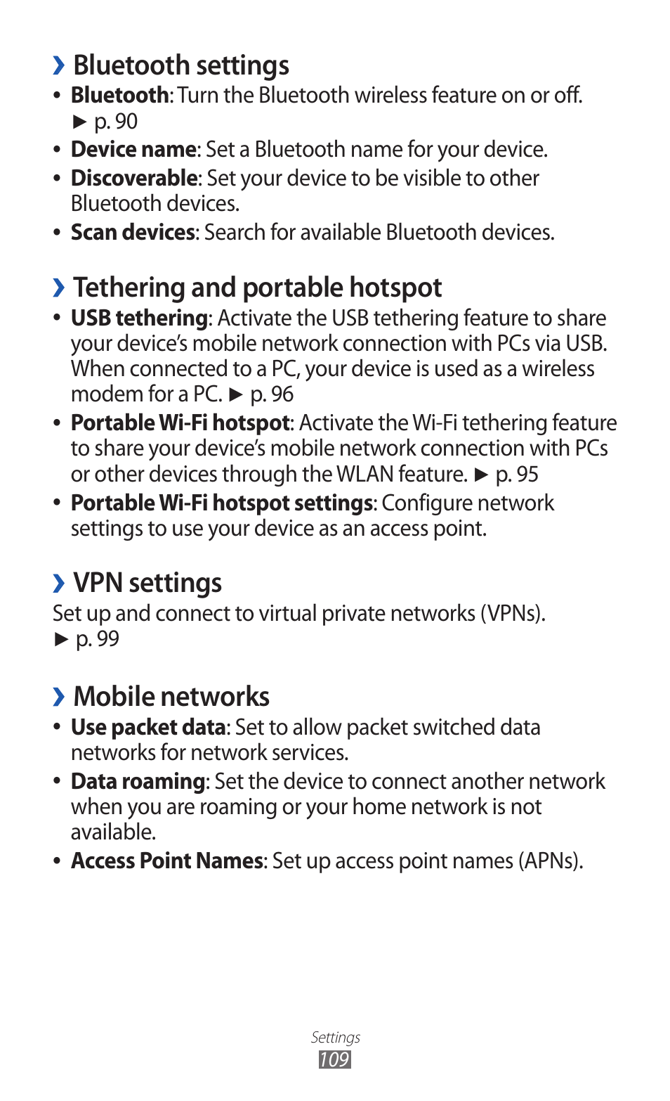 Bluetooth settings, Tethering and portable hotspot, Vpn settings | Mobile networks | Samsung GALAXY GT-S5690 User Manual | Page 109 / 143