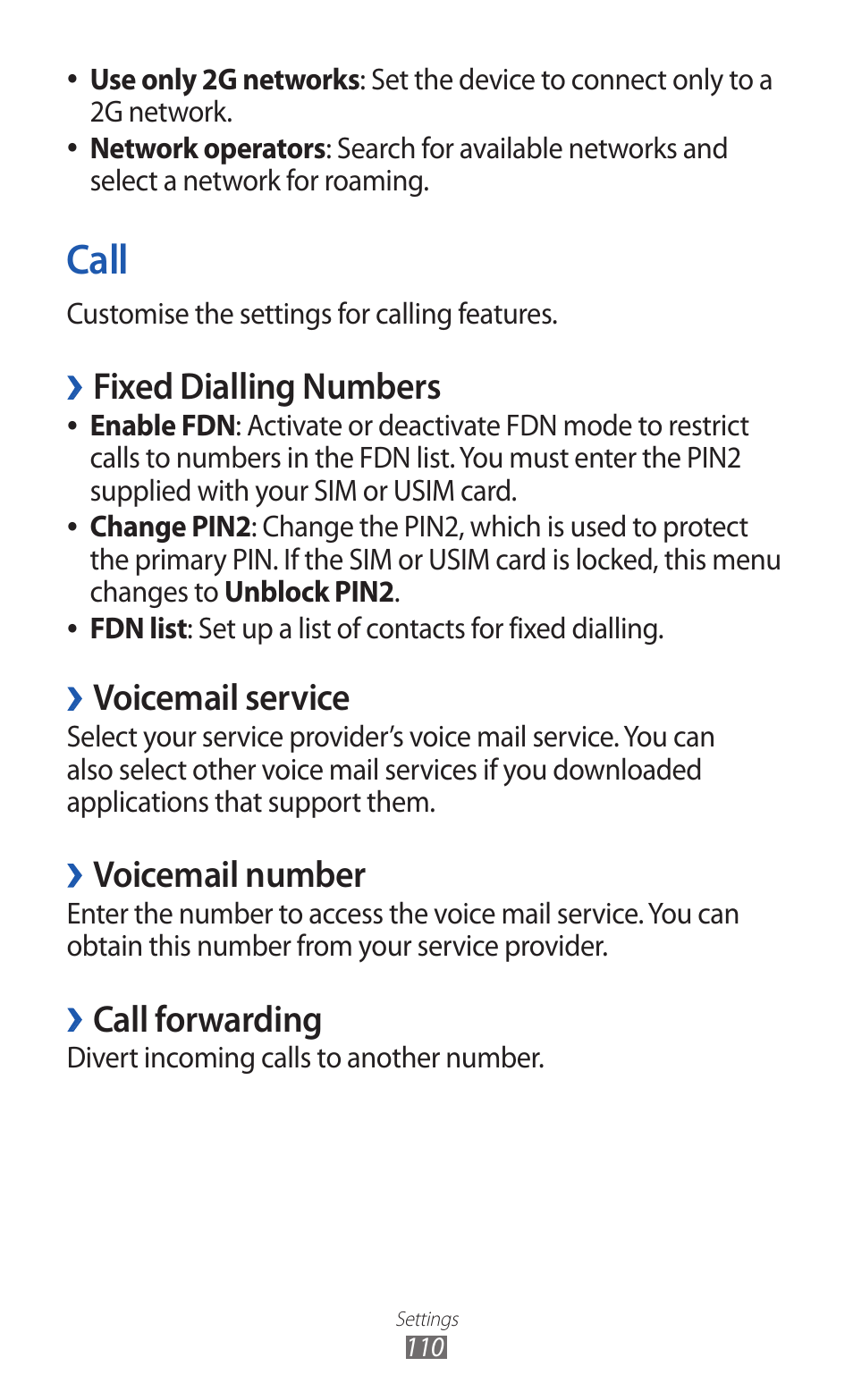 Call, Fixed dialling numbers, Voicemail service | Voicemail number, Call forwarding | Samsung GALAXY GT-S5690 User Manual | Page 110 / 143