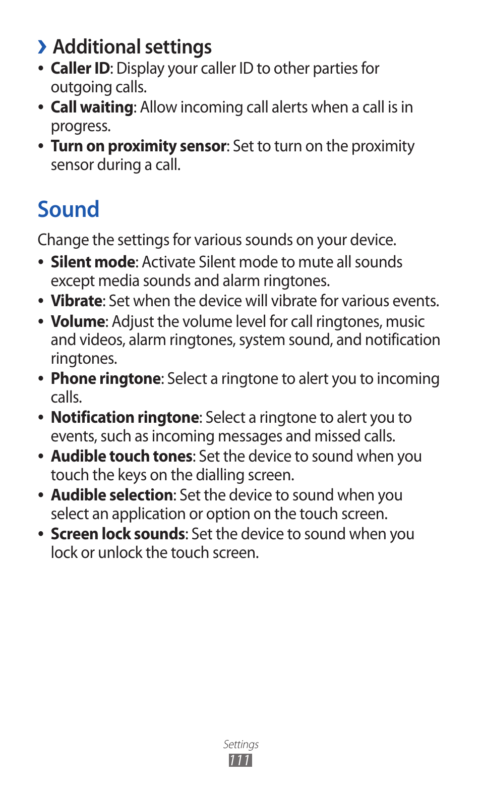 Sound, Additional settings, Caller id | Samsung GALAXY GT-S5690 User Manual | Page 111 / 143