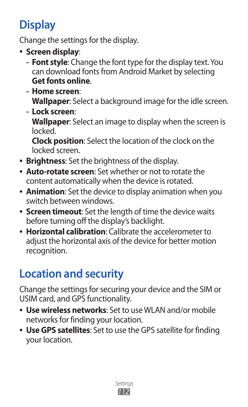 Display, Location and security, Display location and security | Samsung GALAXY GT-S5690 User Manual | Page 112 / 143