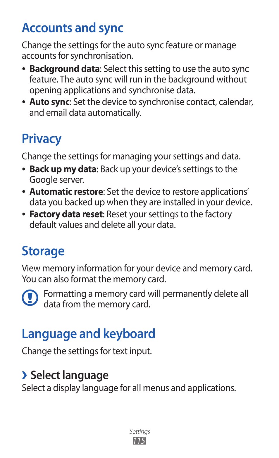 Accounts and sync, Privacy, Storage | Language and keyboard, Select language | Samsung GALAXY GT-S5690 User Manual | Page 115 / 143