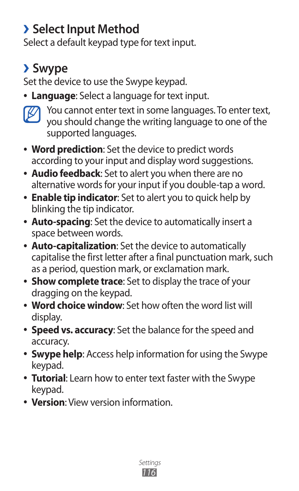 Select input method, Swype, Select a default keypad type for text input | Set the device to use the swype keypad. language, View version information | Samsung GALAXY GT-S5690 User Manual | Page 116 / 143