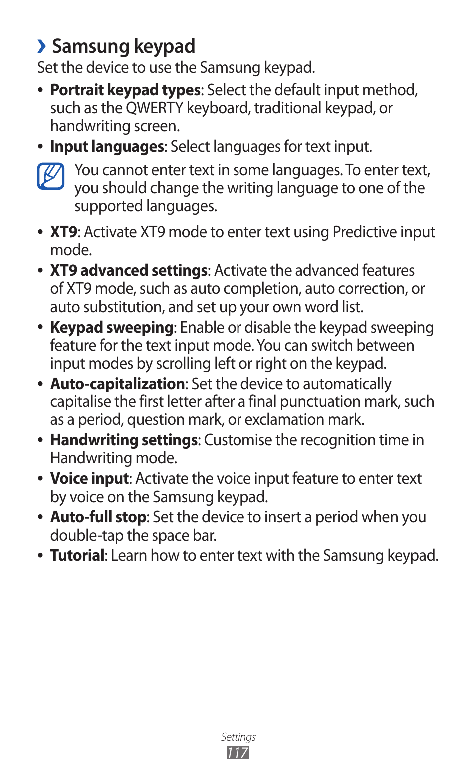 Samsung keypad, Learn how to enter text with the samsung keypad | Samsung GALAXY GT-S5690 User Manual | Page 117 / 143