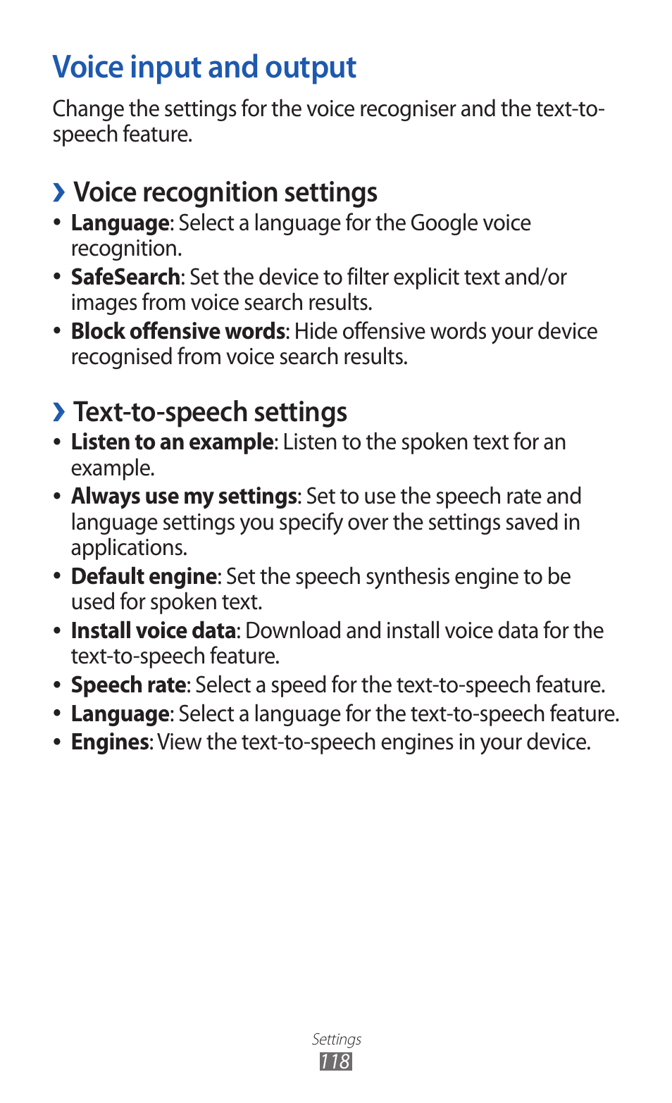 Voice input and output, Voice recognition settings, Text-to-speech settings | Samsung GALAXY GT-S5690 User Manual | Page 118 / 143