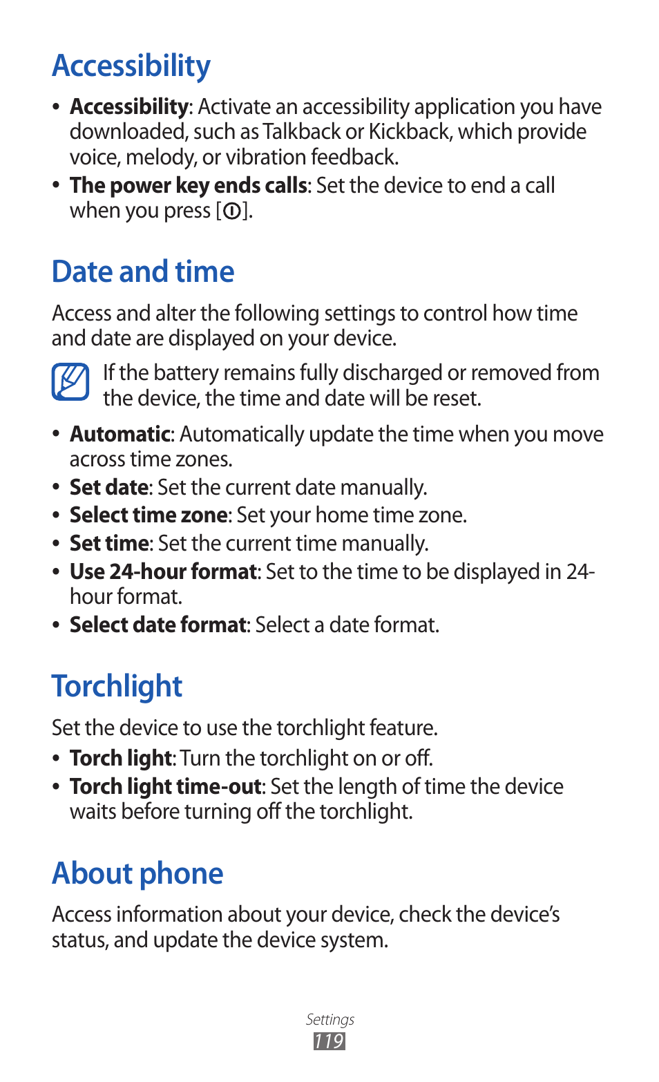 Accessibility, Date and time, Torchlight | About phone, Date and time torchlight about phone | Samsung GALAXY GT-S5690 User Manual | Page 119 / 143
