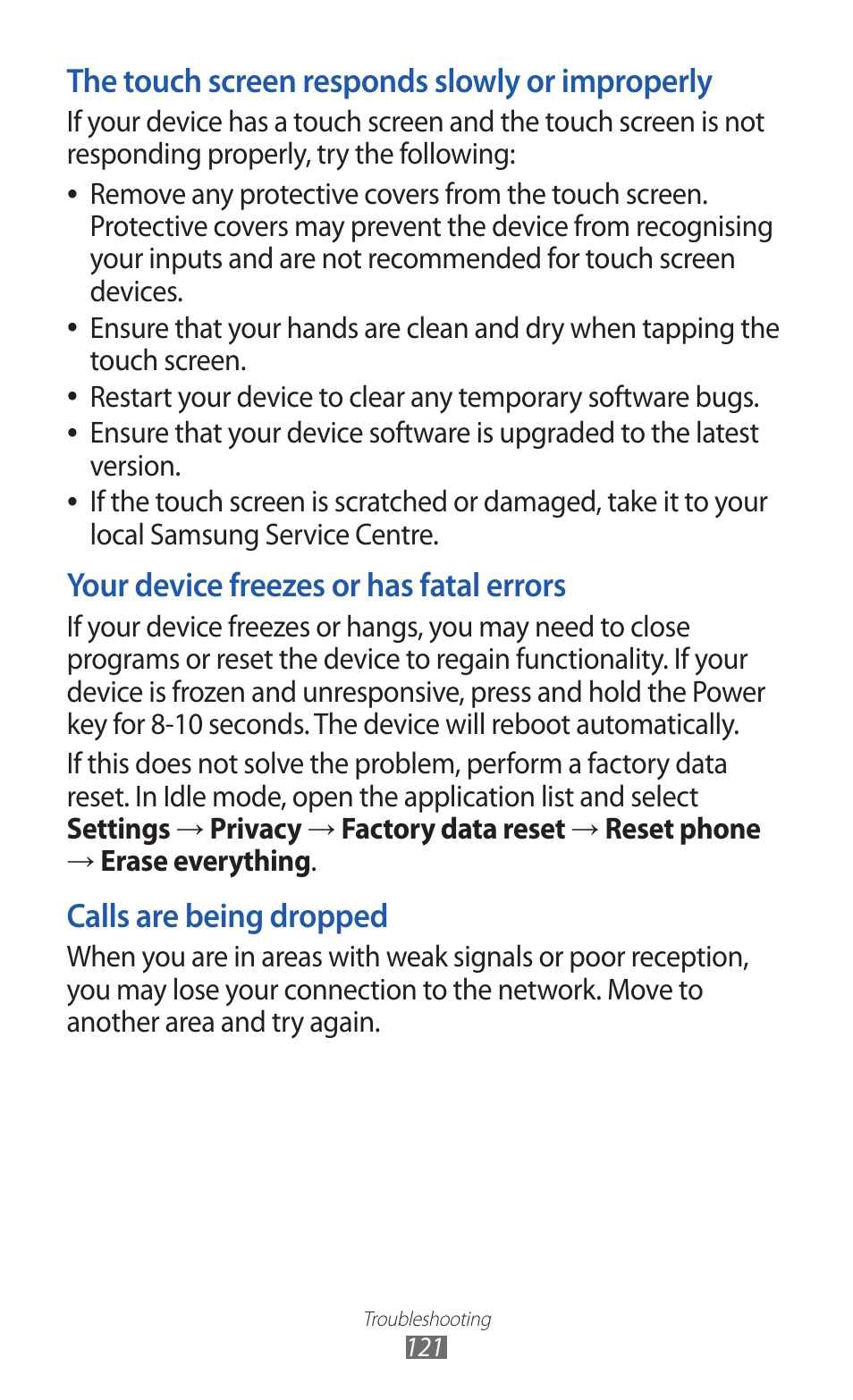 The touch screen responds slowly or improperly, Your device freezes or has fatal errors, Calls are being dropped | Samsung GALAXY GT-S5690 User Manual | Page 121 / 143