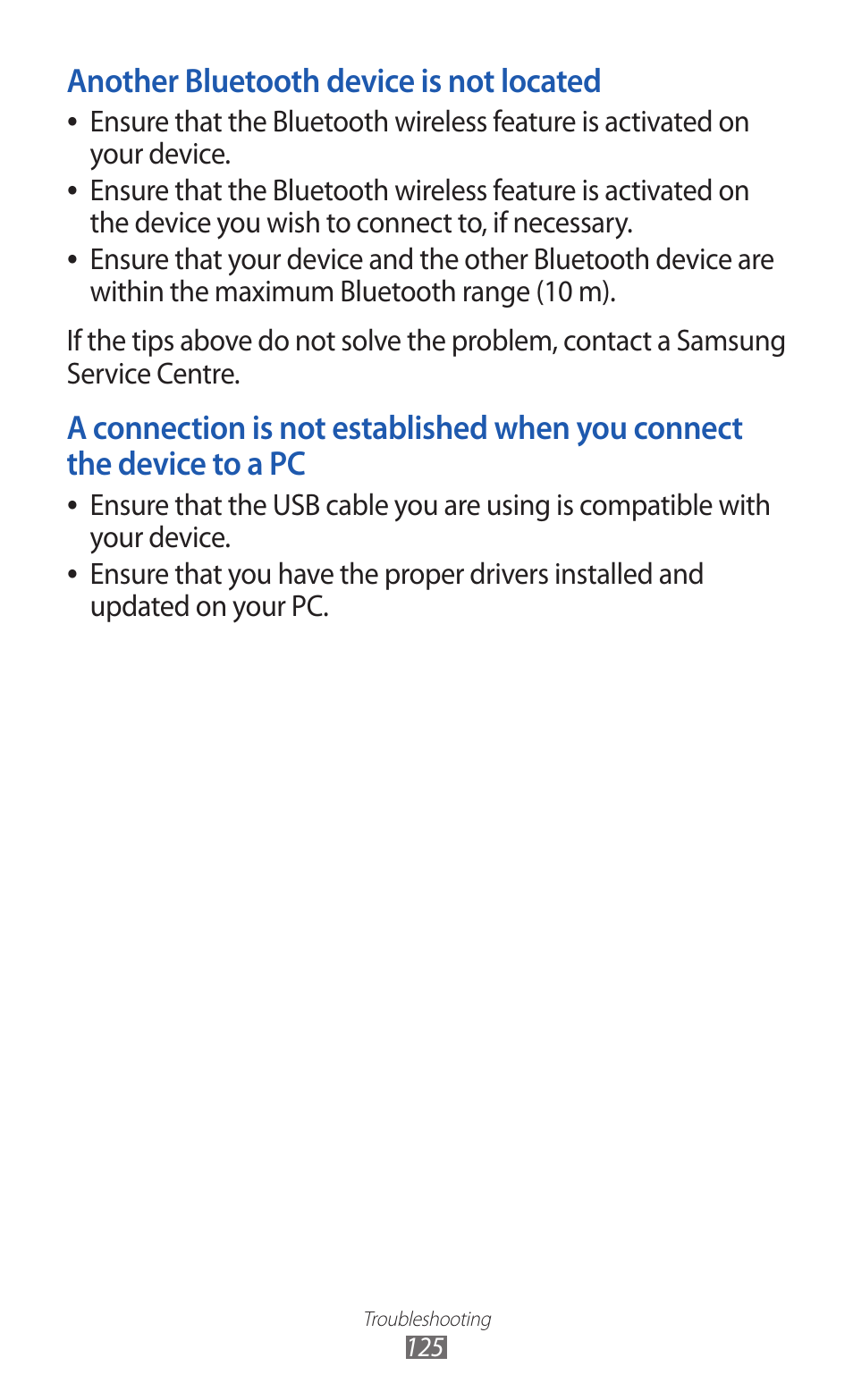 Another bluetooth device is not located, Updated on your pc | Samsung GALAXY GT-S5690 User Manual | Page 125 / 143