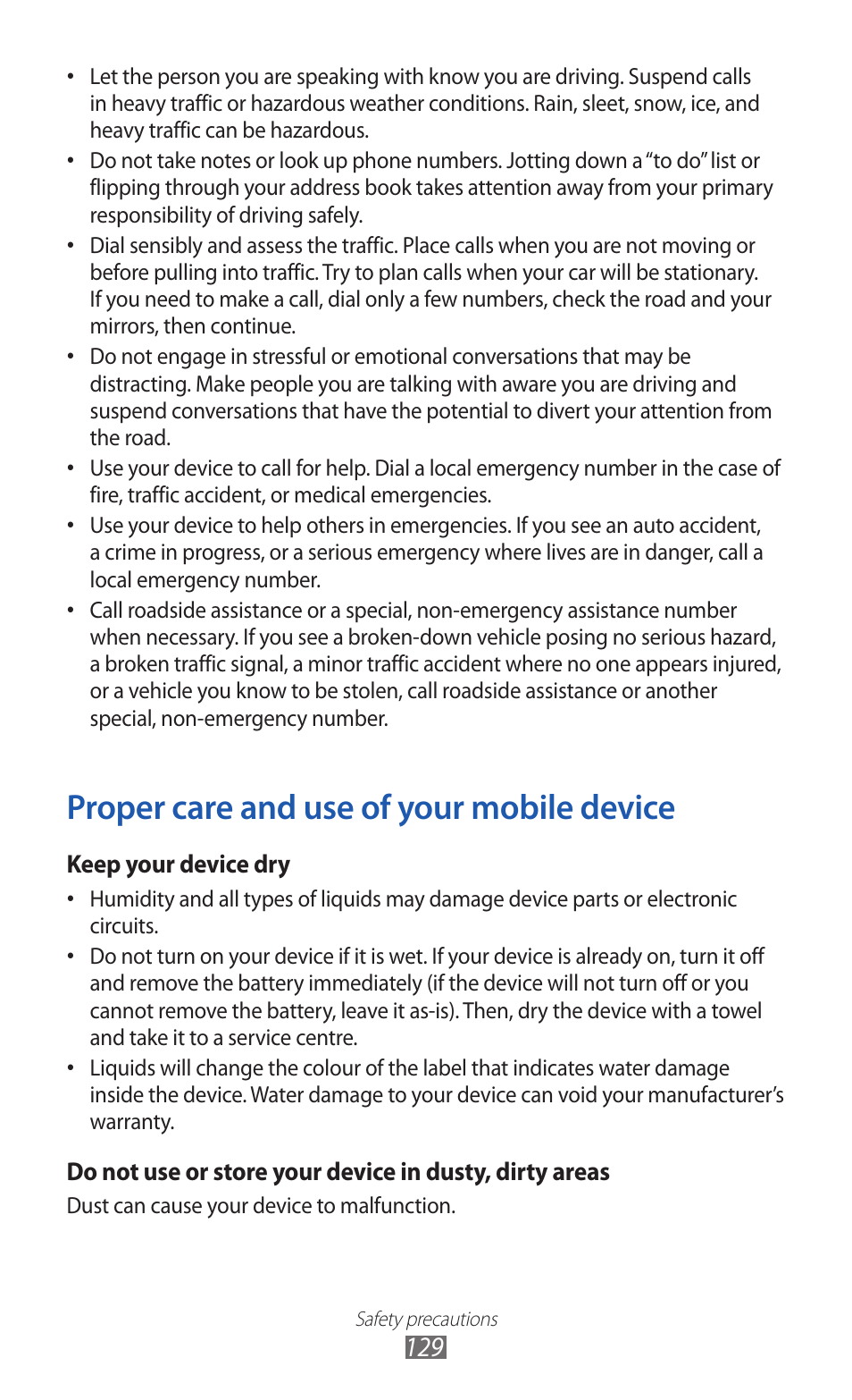 Proper care and use of your mobile device | Samsung GALAXY GT-S5690 User Manual | Page 129 / 143